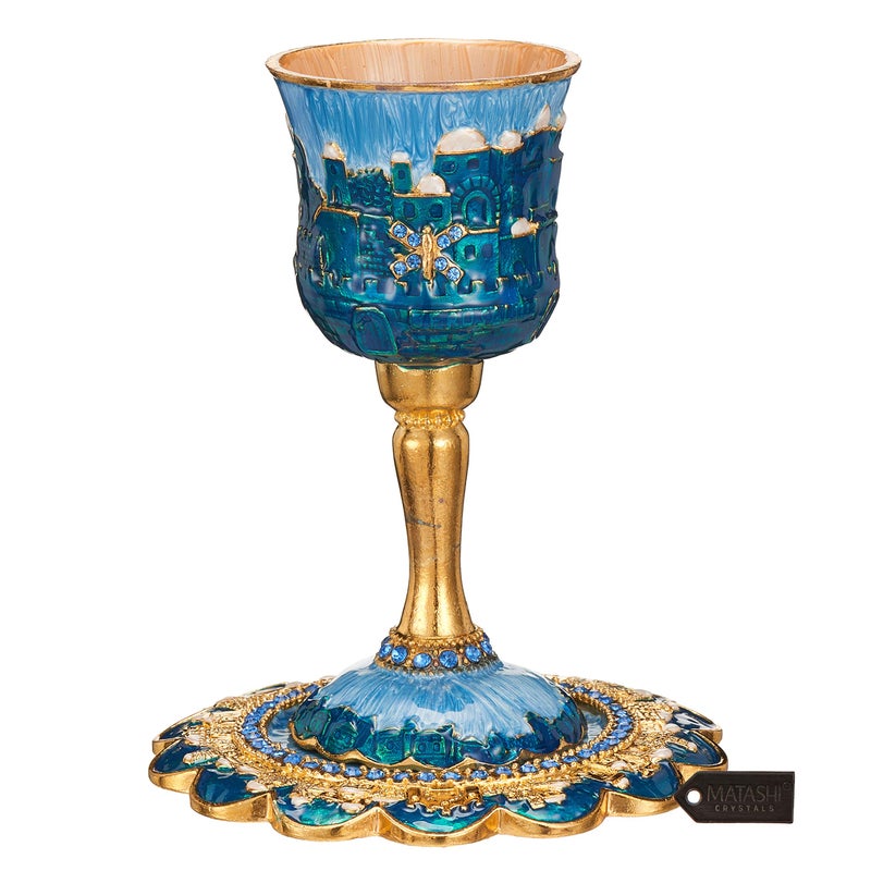 Matashi Hand-Painted Enamel Tall 5" Kiddush Cup Set with Stem and Tray Embellished with Crystals, Jerusalem Cityscape for Weddings Shabbat Havdalah Passover Goblet Judaica Gift - Image 1